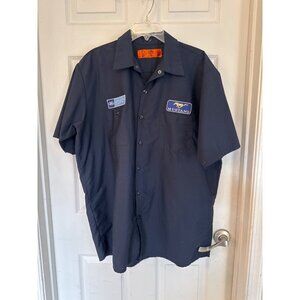 Red Cap Navy Blue Button Down Work Shirt Ford & Mustang Patches Men's XL